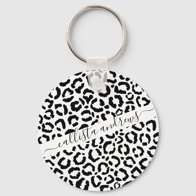 Modern Black White Leopard Animal Print Mönster Nyckelring (Framsida)