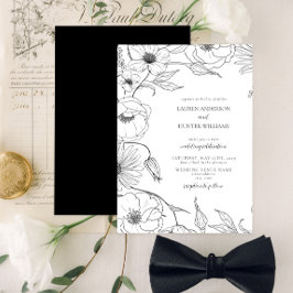 Modern Black White Line Art Blommigt Bröllop Inbjudningar