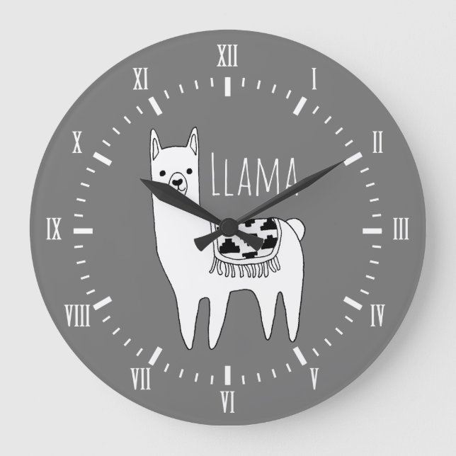 Modern Black & White Llama Sketch Roman Numerals Stor Klocka (Framsida)