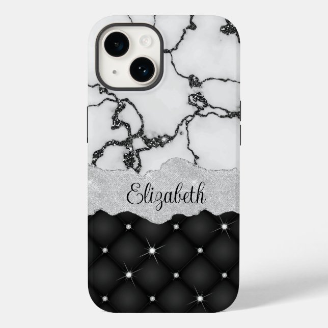 Modern Black White Marble Faux Glitter Monogram (Baksida)