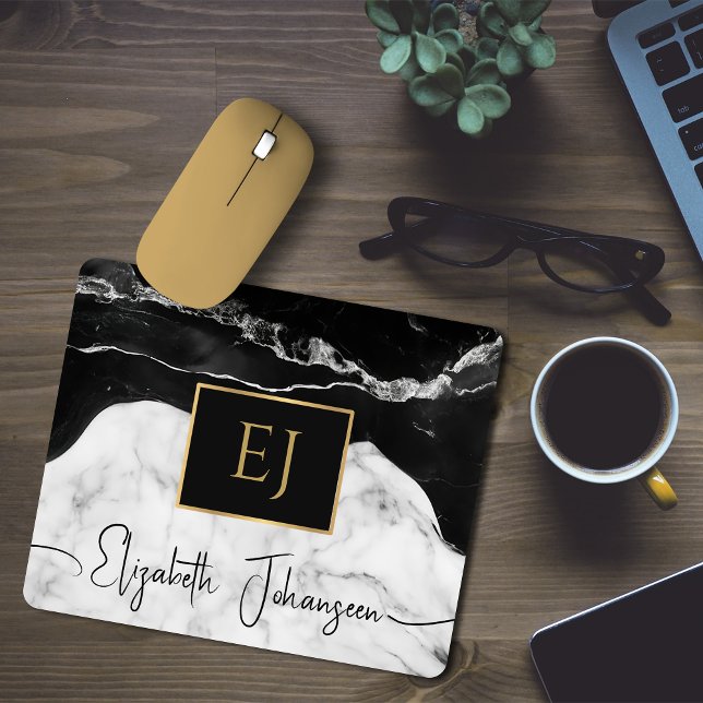Modern Black White Marble Guld - Monogrammed Musmatta (Skapare uppladdad)