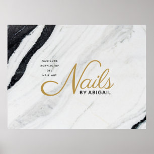 Modern Black & White Marble Guld Nagel efter "Namn Poster