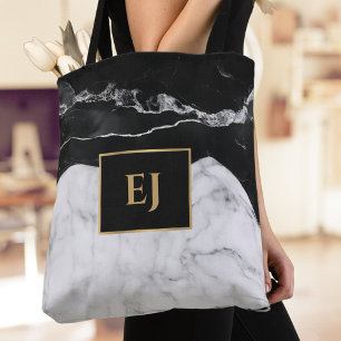 Modern Black White Marble Struktur Guld Monogramme Tygkasse