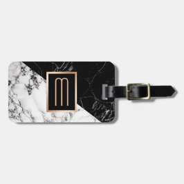 Modern Black White Marble Struktur Snyggt Monogram Bagagebricka