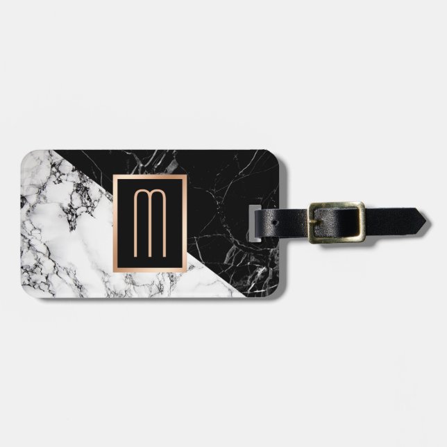 Modern Black White Marble Struktur Snyggt Monogram Bagagebricka (Horisontell Framsida)