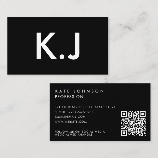 Modern Black White Minimalist QR Code Monogram Visitkort (Fram/baksida)