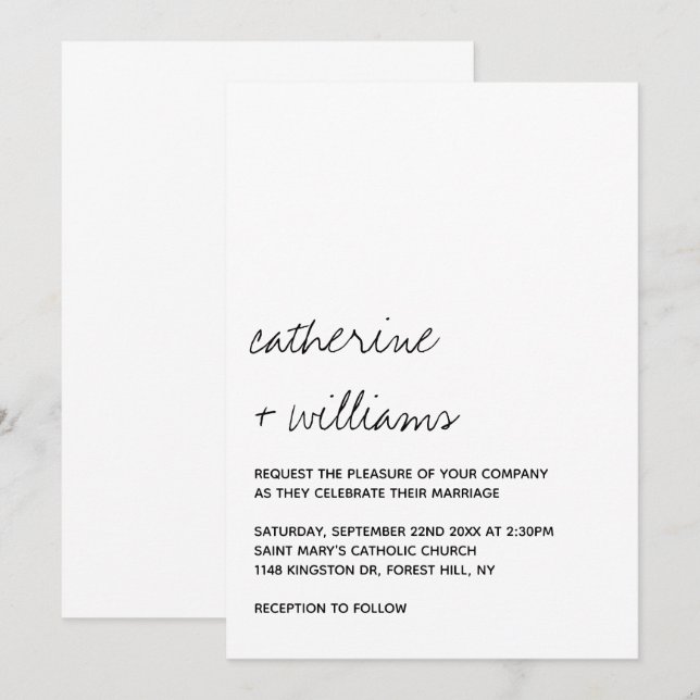Modern Black & White Minimalist Script Wedding Inbjudningar (Fram/baksida)
