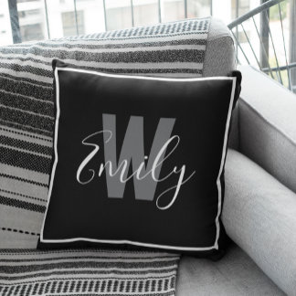 Modern Black White Monogram Gräns Kudde