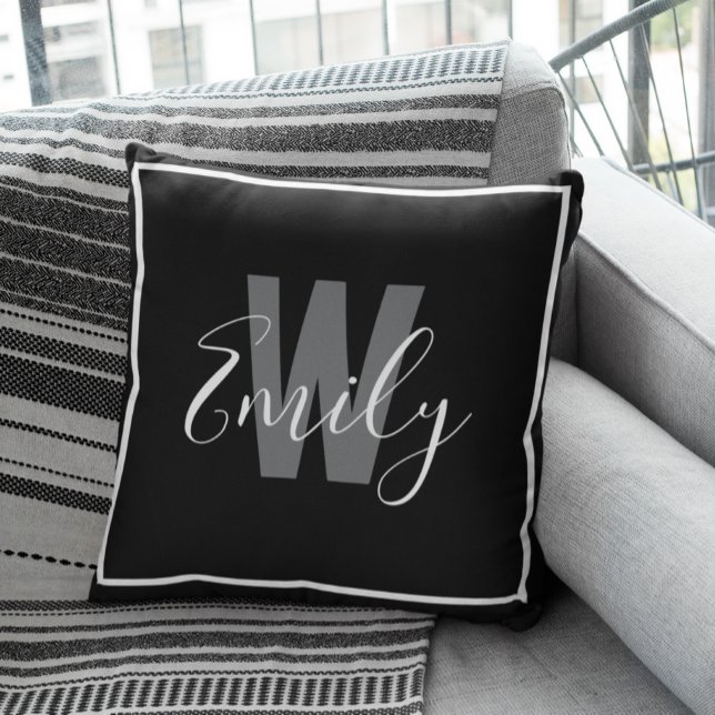 Modern Black White Monogram Gräns Kudde (Modern Black White Monogram Border Throw Pillow)