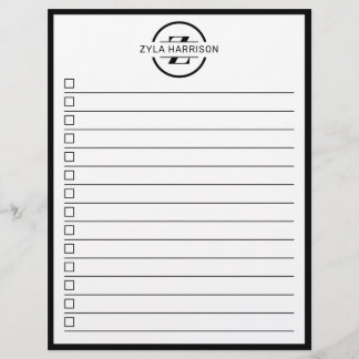 Modern Black White Monogram Name To Do List Reklamblad