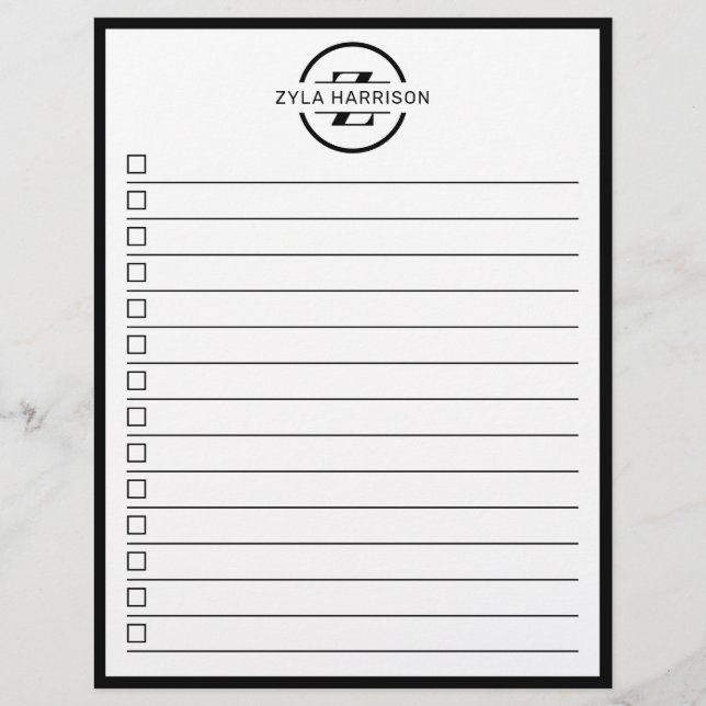 Modern Black White Monogram Name To Do List Reklamblad (Framsidan)