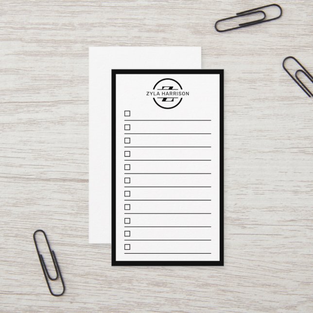 Modern Black White Monogram Name To Do List Visitkort (Fram/Back In Situ)
