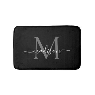 Modern Black White Monogram Script Elegant Girly Badrumsmatta