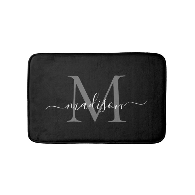 Modern Black White Monogram Script Elegant Girly Badrumsmatta (Framsidan)