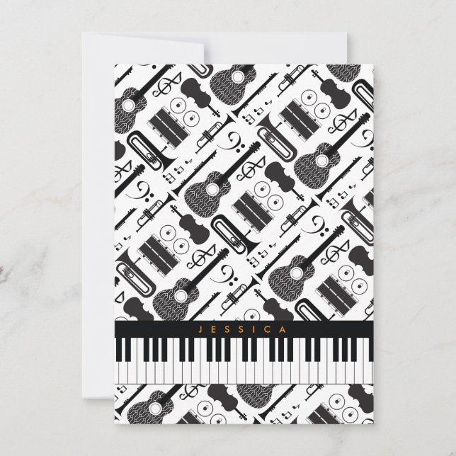 Modern Black & White Musical Instruments Mönster Anteckningskort (Framsida)