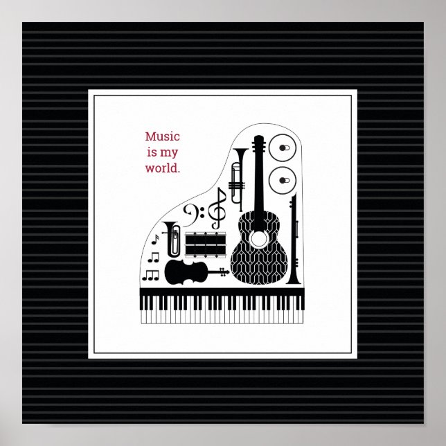 Modern Black & White Musical Instruments Mönster Poster (Framsidan)