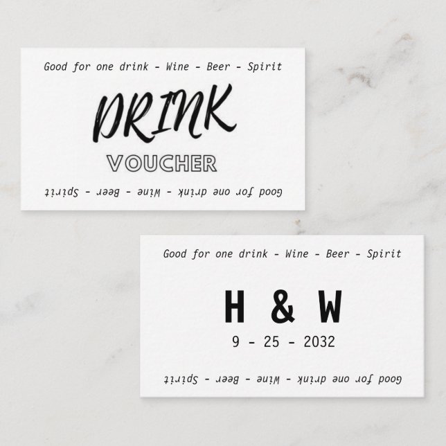 Modern Black White Namn Bröllop Drink Voucher Visitkort (Fram/baksida)
