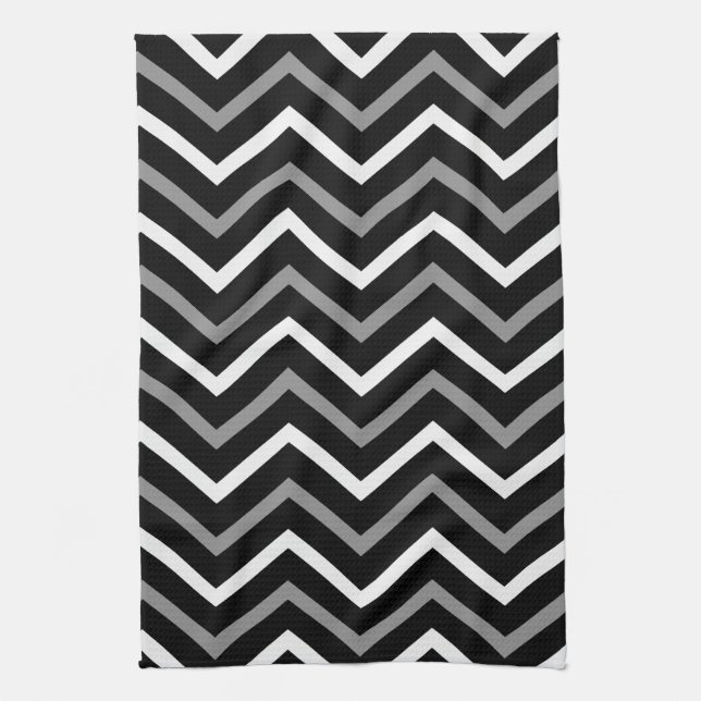 Modern Black White och Grått Chevron Mönster Zigza Kökshandduk (Vertikal)