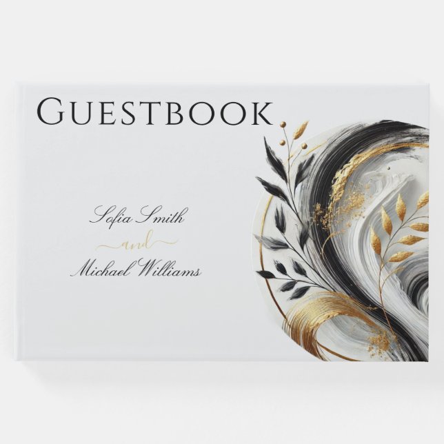 Modern Black White och Guld Botanical Bröllop Gästböcker (Framsida)