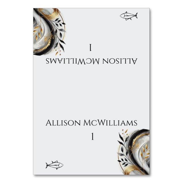 Modern Black White och Guld Bröllop - Fiskar Bordsnummer (Framsidan)