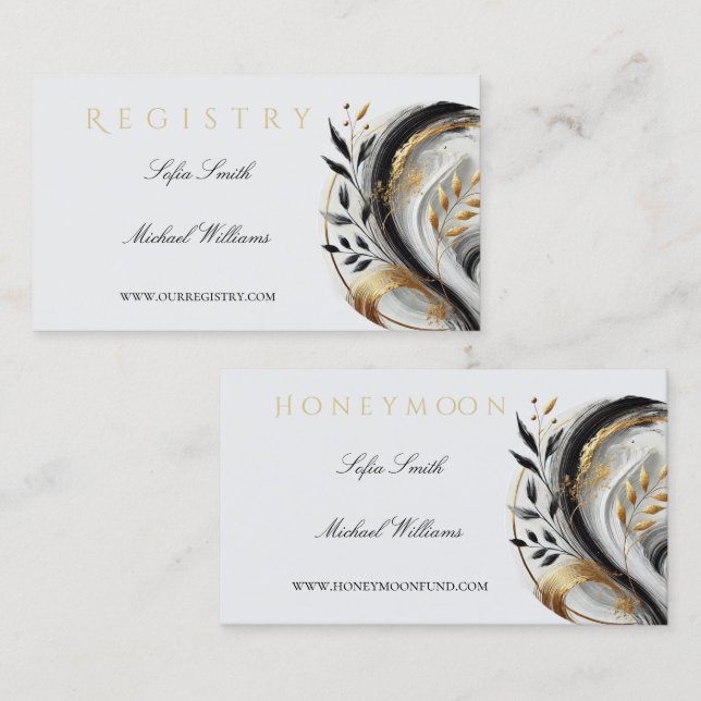 Modern Black White och Guld Bröllop Registry Visitkort (Fram/baksida)