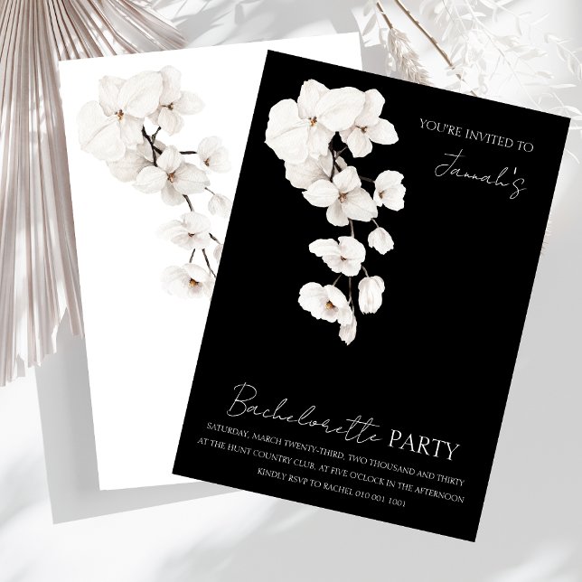 Modern Black White Orchids Bachelorette Party Inbjudningar (Modern Black and White Orchids Flowers Bachelorette Party Wedding Invitation)
