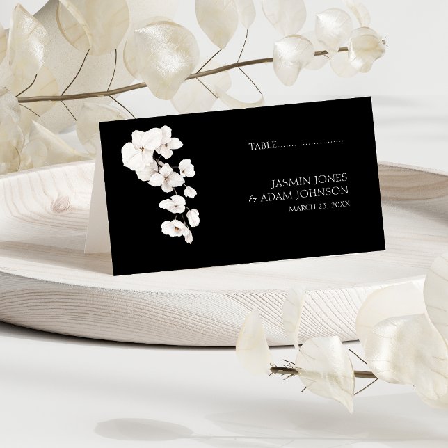 Modern Black White Orchids Blommigt Bröllop Placeringskort (Modern Black and White Orchids Flowers Wedding Place Cards )