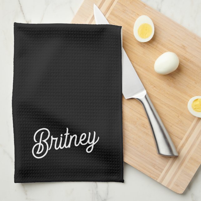 Modern Black White Personlig Monogram och Namn Kökshandduk (Vikt i Fjärdedel)