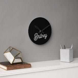 Modern Black White Personlig Monogram och Namn Rund Klocka