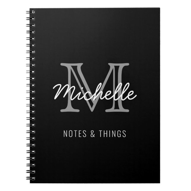 Modern Black White Personlig Namn Monogrammed Anteckningsbok (Framsidan)