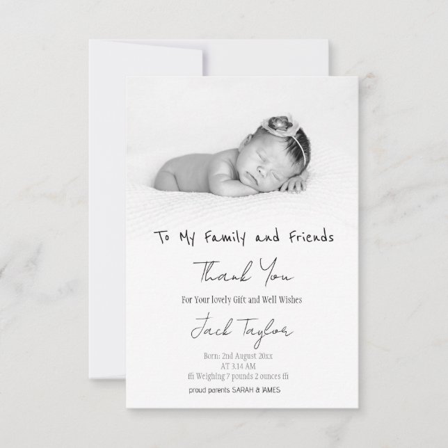 Modern Black White Photo Handwrite Baby Birth Tack Kort (Framsida)