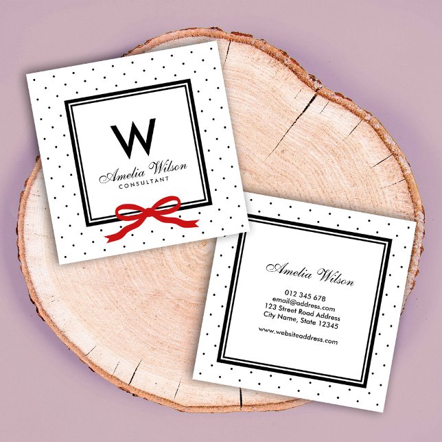 Modern Black White Polka Dot Red Ribbon Monogram Fyrkantigt Visitkort (Skapare uppladdad)