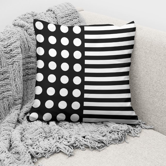 Modern Black White Polka dots och Rand Mönster Kudde (Skapare uppladdad)