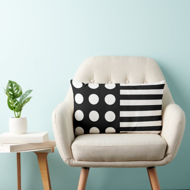 Modern Black White Polka dots & Rand Mönster Lumbarkudde (Stol)