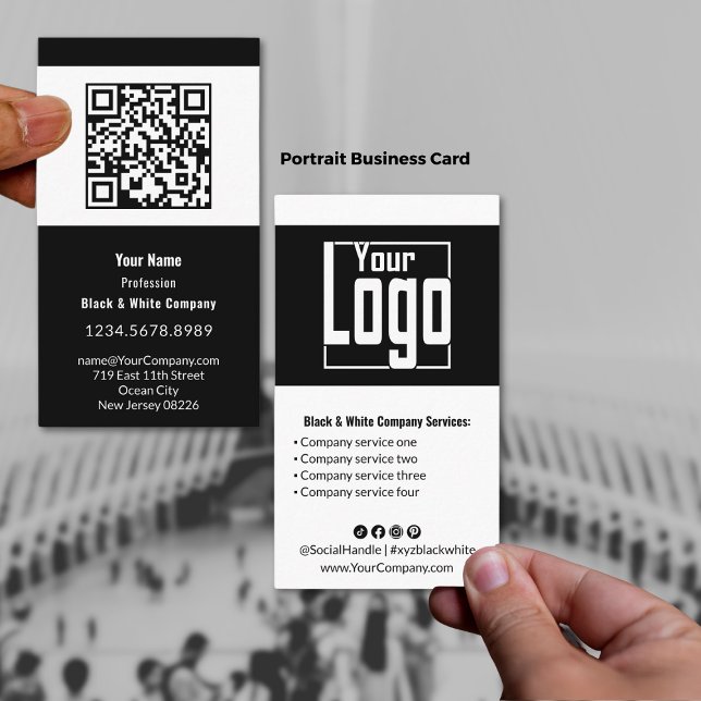 Modern Black & White Porträtt Visitkort (Modern Black & White Portrait Business Card, Logo, QR code, Service List, Social)