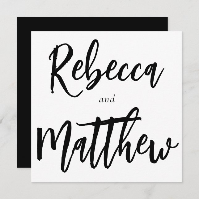 Modern Black White Push Script Big Namn Bröllop Inbjudningar (Fram/baksida)