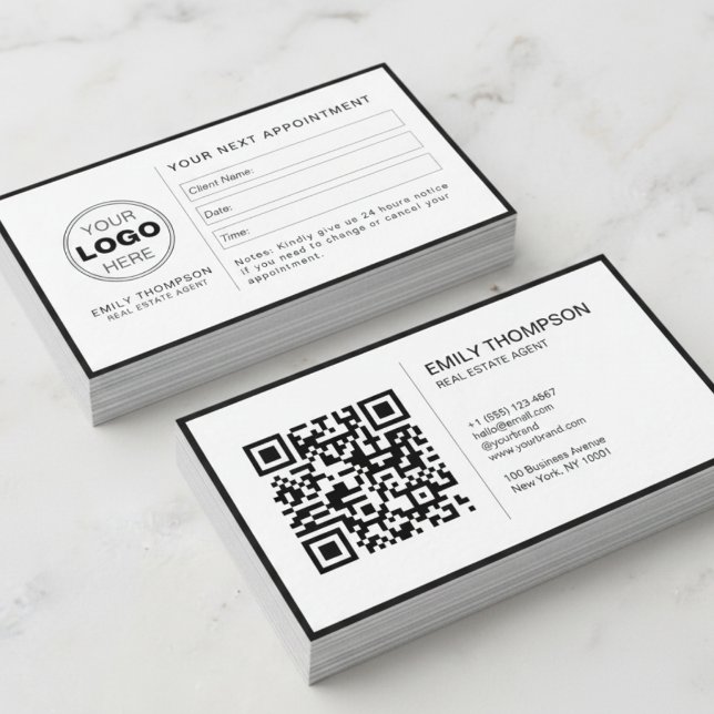Modern Black White QR Code Appointment Reminder Tidsbeställning Kort (Minimalist QR Code Appointment Reminder Business Card)