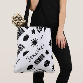 Modern Black White Rainbow Trendig Namn Monogram Tygkasse