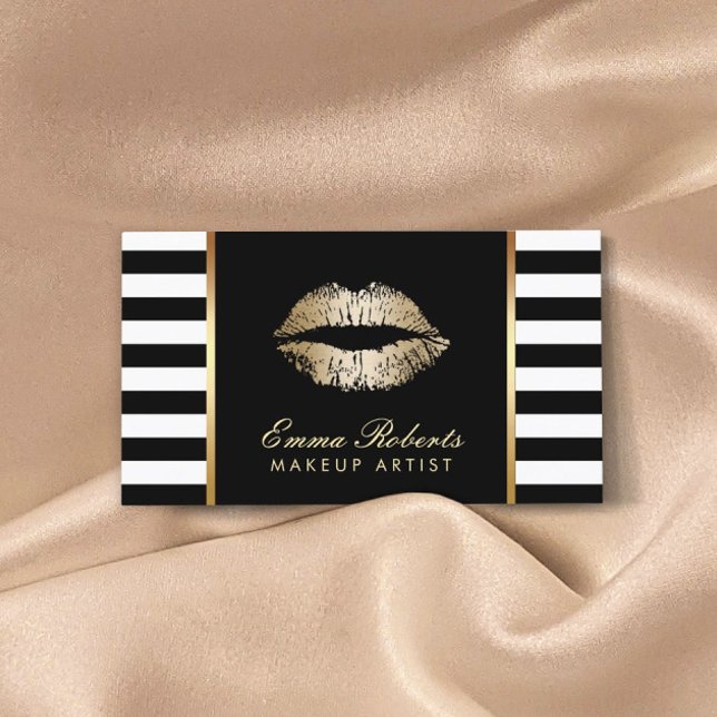 Modern Black White Rand Guld Läppar Makeup Artist Visitkort (Skapare uppladdad)