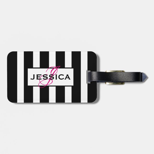 Modern Black & White Rand Monogram Bagagebricka (Baksida Vågrät)