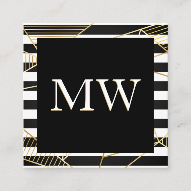 Modern Black White Rand Monogram | Golden Poly Fyrkantigt Visitkort (Framsida)