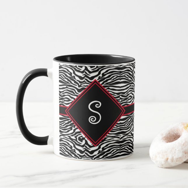 Modern Black White Rand Mönster Monogram Mugg (Med munk)