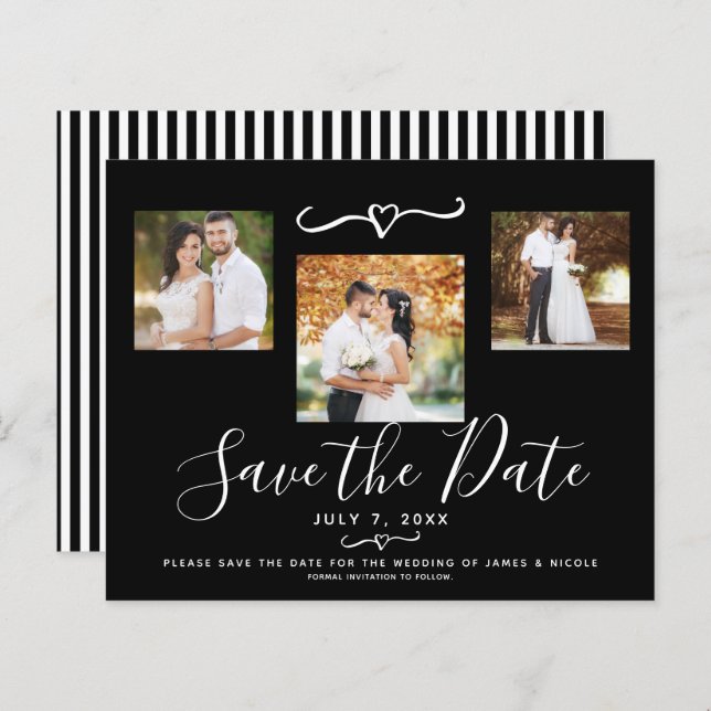 Modern Black & White Rand Photo Save Date (Fram/baksida)