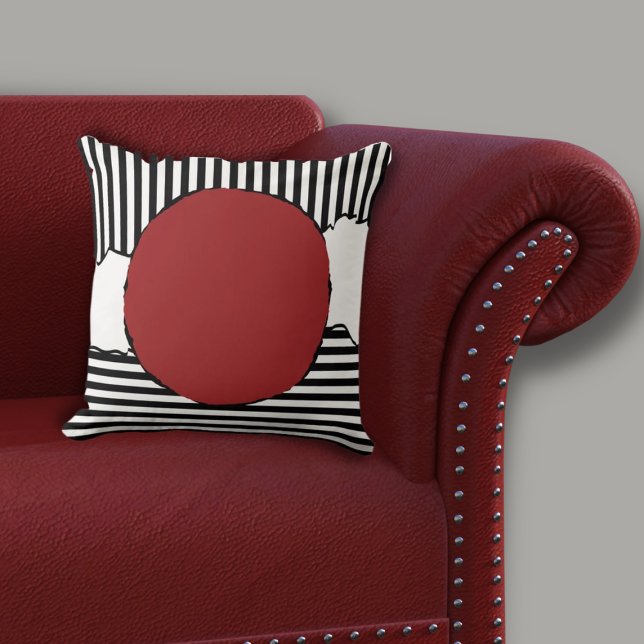 Modern Black & White Rand Red Dot Kudde (Modern Black & White Centered Red Circle Throw Pillow on Red Sofa)