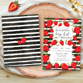 Modern Black White Rand Strawberry 1:a födelsedag Inbjudningar