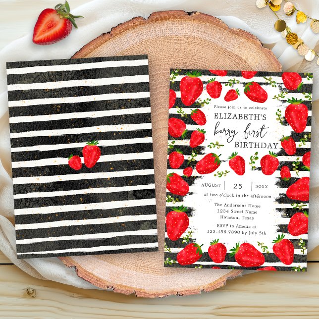 Modern Black White Rand Strawberry 1:a födelsedag Inbjudningar (Skapare uppladdad)