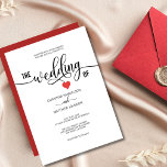 Modern Black White & Red Heart Bröllop Inbjudningar<br><div class="desc">Enkel och modern elegant. Klassisk personlig - svarta, vita och röda bröllopsinbjudningar. Klassskript kalligrafi BRÖLLOP OF med litet hjärta i mitten. Textteckensnitt, storlekt och färg kan ändras. Lätt att redigera kort. Kortets baksida är röd (ändra för att matcha ditt bröllop färg-schema - klicka på "anpassa ytterligare"). Initialer av brud och...</div>