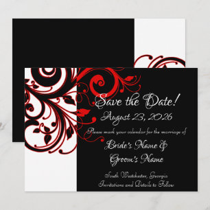 Modern Black White Red Swirl Bröllop spara datum Datumet