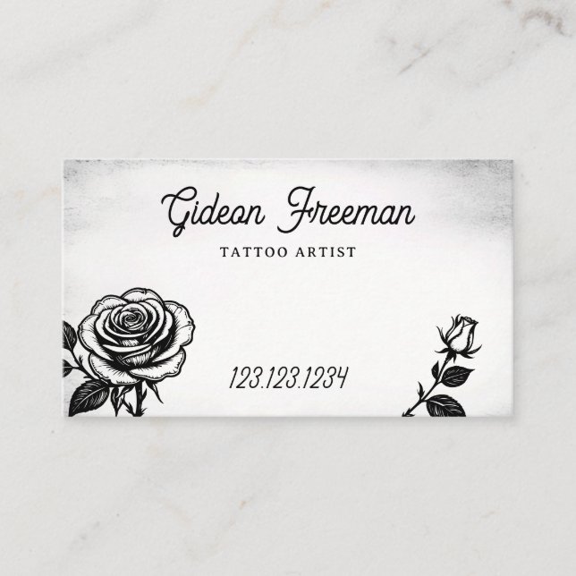 Modern Black & White Roses Tattoo Artist Visitkort (Framsida)