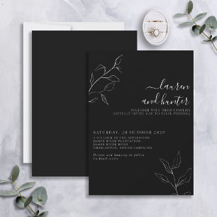 Modern Black White Script Botanical Bröllop Invit Inbjudningar